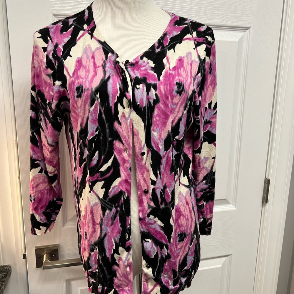 Talbots, pink purple, black white cardigan xL sweater silk cotton